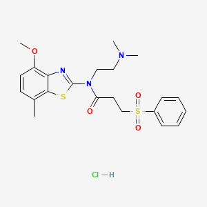 molecular formula C22H28ClN3O4S2 B2632863 N-(2-(dimethylamino)ethyl)-N-(4-methoxy-7-methylbenzo[d]thiazol-2-yl)-3-(phenylsulfonyl)propanamide hydrochloride CAS No. 1217119-92-0