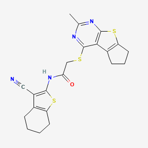 molecular formula C21H20N4OS3 B2632931 N-(3-氰基-4,5,6,7-四氢-1-苯并噻吩-2-基)-2-({10-甲基-7-噻-9,11-二氮杂三环[6.4.0.0^{2,6}]十二-1(8),2(6),9,11-四烯-12-基}硫代)乙酰胺 CAS No. 315696-19-6