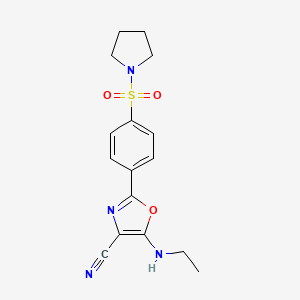 molecular formula C16H18N4O3S B2633030 5-(乙氨基)-2-(4-(吡咯烷-1-磺酰基)苯基)恶唑-4-腈 CAS No. 940998-05-0