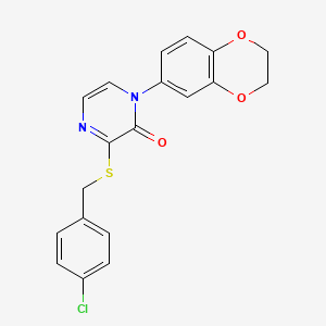 molecular formula C19H15ClN2O3S B2633038 3-((4-chlorobenzyl)thio)-1-(2,3-dihydrobenzo[b][1,4]dioxin-6-yl)pyrazin-2(1H)-one CAS No. 899943-66-9