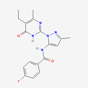 molecular formula C18H18FN5O2 B2633061 N-(1-(5-ethyl-4-methyl-6-oxo-1,6-dihydropyrimidin-2-yl)-3-methyl-1H-pyrazol-5-yl)-4-fluorobenzamide CAS No. 1002958-39-5