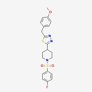 molecular formula C21H22FN3O3S2 B2633178 2-(1-((4-Fluorophenyl)sulfonyl)piperidin-4-yl)-5-(4-methoxybenzyl)-1,3,4-thiadiazole CAS No. 1172373-68-0