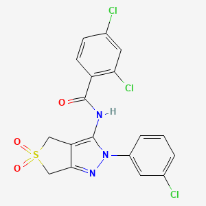 molecular formula C18H12Cl3N3O3S B2633198 2,4-dichloro-N-[2-(3-chlorophenyl)-5,5-dioxo-4,6-dihydrothieno[3,4-c]pyrazol-3-yl]benzamide CAS No. 681266-56-8