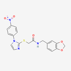 molecular formula C19H16N4O5S B2633200 N-(苯并[d][1,3]二氧杂环-5-基甲基)-2-((1-(4-硝基苯基)-1H-咪唑-2-基)硫代)乙酰胺 CAS No. 851079-81-7