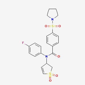 molecular formula C21H21FN2O5S2 B2633288 N-(1,1-dioxido-2,3-dihydrothiophen-3-yl)-N-(4-fluorophenyl)-4-(pyrrolidin-1-ylsulfonyl)benzamide CAS No. 863022-63-3