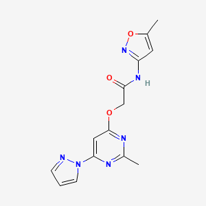 molecular formula C14H14N6O3 B2633382 2-((2-甲基-6-(1H-吡唑-1-基)嘧啶-4-基)氧基)-N-(5-甲基异恶唑-3-基)乙酰胺 CAS No. 1421481-14-2