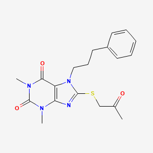 molecular formula C19H22N4O3S B2633425 1,3-dimethyl-8-((2-oxopropyl)thio)-7-(3-phenylpropyl)-1H-purine-2,6(3H,7H)-dione CAS No. 377060-18-9
