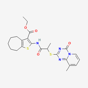 molecular formula C23H26N4O4S2 B2633462 2-(2-((9-甲基-4-氧代-4H-吡啶并[1,2-a][1,3,5]三嗪-2-基)硫代)丙酰胺基)-5,6,7,8-四氢-4H-环庚并[b]噻吩-3-羧酸乙酯 CAS No. 896343-11-6