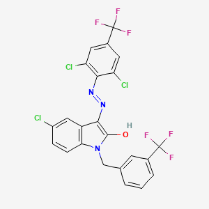 molecular formula C23H12Cl3F6N3O B2633542 5-chloro-1-[3-(trifluoromethyl)benzyl]-1H-indole-2,3-dione 3-{N-[2,6-dichloro-4-(trifluoromethyl)phenyl]hydrazone} CAS No. 303984-79-4