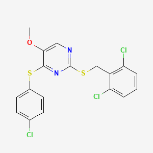 molecular formula C18H13Cl3N2OS2 B2633574 4-[(4-Chlorophenyl)sulfanyl]-2-[(2,6-dichlorobenzyl)sulfanyl]-5-pyrimidinyl methyl ether CAS No. 338955-90-1