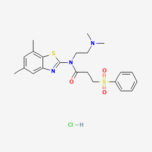 molecular formula C22H28ClN3O3S2 B2633580 盐酸N-(2-(二甲氨基)乙基)-N-(5,7-二甲基苯并[d]噻唑-2-基)-3-(苯磺酰基)丙酰胺 CAS No. 1177873-04-9