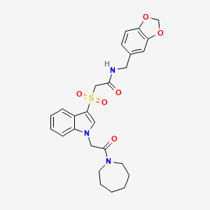 molecular formula C26H29N3O6S B2633583 2-((1-(2-(azepan-1-yl)-2-oxoethyl)-1H-indol-3-yl)sulfonyl)-N-(benzo[d][1,3]dioxol-5-ylmethyl)acetamide CAS No. 878060-12-9