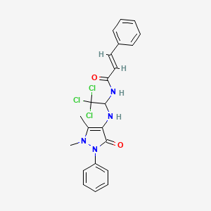 molecular formula C22H21Cl3N4O2 B2633589 (2E)-3-phenyl-N-{2,2,2-trichloro-1-[(1,5-dimethyl-3-oxo-2-phenyl-2,3-dihydro-1H-pyrazol-4-yl)amino]ethyl}prop-2-enamide CAS No. 302821-16-5