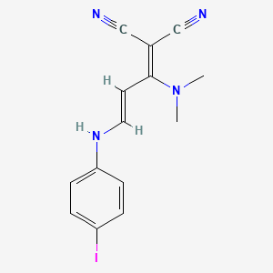 molecular formula C14H13IN4 B2633590 2-[(E)-1-(二甲氨基)-3-(4-碘苯胺基)丙-2-烯基]丙二腈 CAS No. 339102-75-9