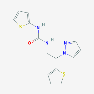 molecular formula C14H14N4OS2 B2633601 1-(2-(1H-pyrazol-1-yl)-2-(thiophen-2-yl)ethyl)-3-(thiophen-2-yl)urea CAS No. 2034345-40-7