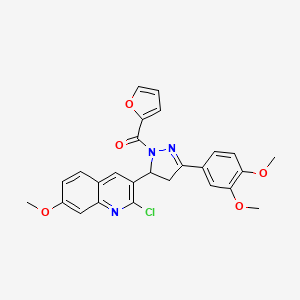 molecular formula C26H22ClN3O5 B2633653 [3-(2-Chloro-7-methoxyquinolin-3-yl)-5-(3,4-dimethoxyphenyl)-3,4-dihydropyrazol-2-yl]-(furan-2-yl)methanone CAS No. 442649-69-6