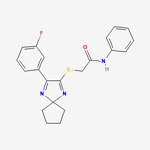 molecular formula C21H20FN3OS B2633706 2-((3-(3-fluorophenyl)-1,4-diazaspiro[4.4]nona-1,3-dien-2-yl)thio)-N-phenylacetamide CAS No. 899935-06-9