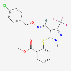molecular formula C21H17ClF3N3O3S B2633712 methyl 2-{[4-({[(4-chlorobenzyl)oxy]imino}methyl)-1-methyl-3-(trifluoromethyl)-1H-pyrazol-5-yl]sulfanyl}benzenecarboxylate CAS No. 318239-33-7