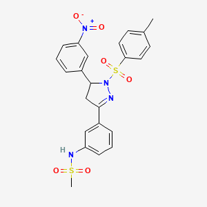molecular formula C23H22N4O6S2 B2633747 N-(3-(5-(3-nitrophenyl)-1-tosyl-4,5-dihydro-1H-pyrazol-3-yl)phenyl)methanesulfonamide CAS No. 851782-35-9