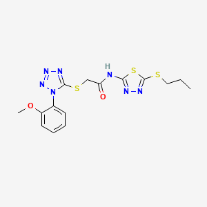 molecular formula C15H17N7O2S3 B2633863 2-[1-(2-methoxyphenyl)tetrazol-5-yl]sulfanyl-N-(5-propylsulfanyl-1,3,4-thiadiazol-2-yl)acetamide CAS No. 878703-33-4