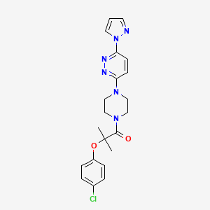 molecular formula C21H23ClN6O2 B2633933 1-(4-(6-(1H-pyrazol-1-yl)pyridazin-3-yl)piperazin-1-yl)-2-(4-chlorophenoxy)-2-methylpropan-1-one CAS No. 1226444-77-4