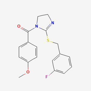 molecular formula C18H17FN2O2S B2633948 (2-((3-fluorobenzyl)thio)-4,5-dihydro-1H-imidazol-1-yl)(4-methoxyphenyl)methanone CAS No. 851864-89-6