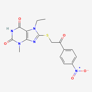 molecular formula C16H15N5O5S B2634005 7-ethyl-3-methyl-8-((2-(4-nitrophenyl)-2-oxoethyl)thio)-1H-purine-2,6(3H,7H)-dione CAS No. 303971-14-4