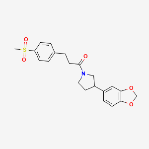 molecular formula C21H23NO5S B2634018 1-(3-(Benzo[d][1,3]dioxol-5-yl)pyrrolidin-1-yl)-3-(4-(methylsulfonyl)phenyl)propan-1-one CAS No. 2034487-87-9