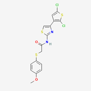 molecular formula C16H12Cl2N2O2S3 B2634146 N-(4-(2,5-dichlorothiophen-3-yl)thiazol-2-yl)-2-((4-methoxyphenyl)thio)acetamide CAS No. 923102-98-1