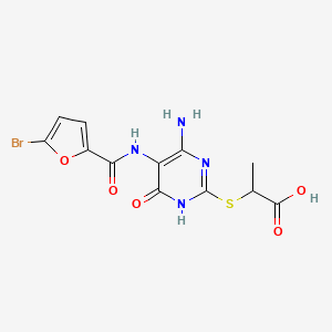 molecular formula C12H11BrN4O5S B2634147 2-((4-Amino-5-(5-bromofuran-2-carboxamido)-6-oxo-1,6-dihydropyrimidin-2-yl)thio)propanoic acid CAS No. 888433-55-4