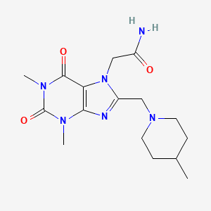 molecular formula C16H24N6O3 B2634207 2-{1,3-dimethyl-8-[(4-methylpiperidin-1-yl)methyl]-2,6-dioxo-1,2,3,6-tetrahydro-7H-purin-7-yl}acetamide CAS No. 851940-78-8