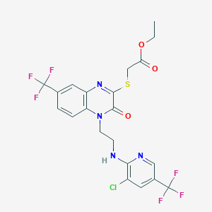 molecular formula C21H17ClF6N4O3S B2634264 Ethyl 2-((4-(2-((3-chloro-5-(trifluoromethyl)-2-pyridinyl)amino)ethyl)-3-oxo-7-(trifluoromethyl)-3,4-dihydro-2-quinoxalinyl)sulfanyl)acetate CAS No. 337921-06-9