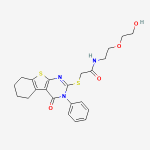 molecular formula C22H25N3O4S2 B2634360 N-[2-(2-羟乙氧基)乙基]-2-[(4-氧代-3-苯基-5,6,7,8-四氢-[1]苯并噻吩并[2,3-d]嘧啶-2-基)硫代]乙酰胺 CAS No. 315702-35-3