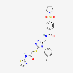 molecular formula C26H27N7O4S3 B2634455 N-((5-((2-oxo-2-(thiazol-2-ylamino)ethyl)thio)-4-(m-tolyl)-4H-1,2,4-triazol-3-yl)methyl)-4-(pyrrolidin-1-ylsulfonyl)benzamide CAS No. 310449-15-1