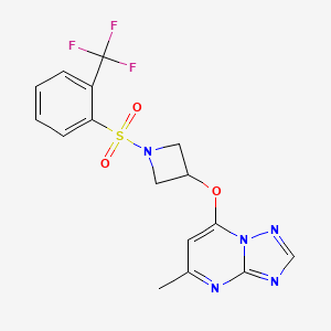 molecular formula C16H14F3N5O3S B2634510 3-({5-甲基-[1,2,4]三唑并[1,5-a]嘧啶-7-基}氧)-1-[2-(三氟甲基)苯磺酰基]氮杂环丁烷 CAS No. 2097921-28-1