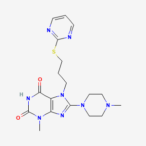 molecular formula C18H24N8O2S B2634518 3-methyl-8-(4-methylpiperazin-1-yl)-7-(3-(pyrimidin-2-ylthio)propyl)-1H-purine-2,6(3H,7H)-dione CAS No. 872627-63-9