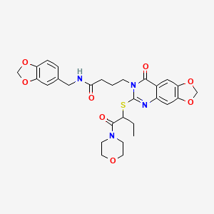 molecular formula C29H32N4O8S B2634544 N-(1,3-苯并二氧杂环-5-基甲基)-4-[6-{[1-(吗啉-4-基羰基)丙基]硫代}-8-氧代[1,3]二氧杂环[4,5-g]喹唑啉-7(8H)-基]丁酰胺 CAS No. 896681-87-1