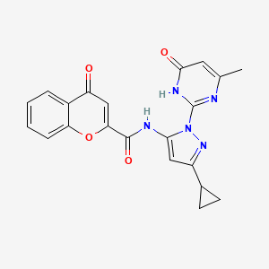 molecular formula C21H17N5O4 B2634598 N-(3-cyclopropyl-1-(4-methyl-6-oxo-1,6-dihydropyrimidin-2-yl)-1H-pyrazol-5-yl)-4-oxo-4H-chromene-2-carboxamide CAS No. 1207042-79-2