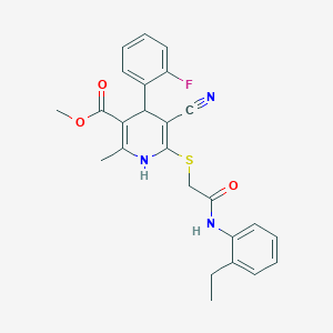 molecular formula C25H24FN3O3S B2634616 Methyl 5-cyano-6-((2-((2-ethylphenyl)amino)-2-oxoethyl)thio)-4-(2-fluorophenyl)-2-methyl-1,4-dihydropyridine-3-carboxylate CAS No. 684238-12-8