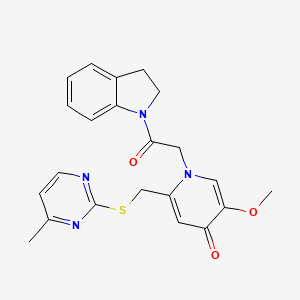 molecular formula C22H22N4O3S B2634792 1-(2-(indolin-1-yl)-2-oxoethyl)-5-methoxy-2-(((4-methylpyrimidin-2-yl)thio)methyl)pyridin-4(1H)-one CAS No. 1005292-21-6