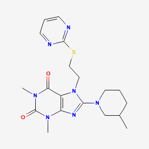 molecular formula C19H25N7O2S B2634806 1,3-二甲基-8-(3-甲基哌啶-1-基)-7-(2-(嘧啶-2-基硫代)乙基)-1H-嘌呤-2,6(3H,7H)-二酮 CAS No. 850914-58-8
