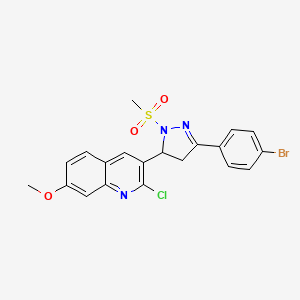 molecular formula C20H17BrClN3O3S B2634843 3-[5-(4-Bromophenyl)-2-methylsulfonyl-3,4-dihydropyrazol-3-yl]-2-chloro-7-methoxyquinoline CAS No. 442649-99-2