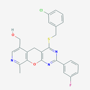 molecular formula C25H19ClFN3O2S B2634894 (4-((3-chlorobenzyl)thio)-2-(3-fluorophenyl)-9-methyl-5H-pyrido[4',3':5,6]pyrano[2,3-d]pyrimidin-6-yl)methanol CAS No. 892415-53-1