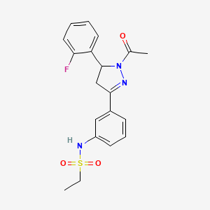 molecular formula C19H20FN3O3S B2635013 N-[3-[2-acetyl-3-(2-fluorophenyl)-3,4-dihydropyrazol-5-yl]phenyl]ethanesulfonamide CAS No. 710986-47-3