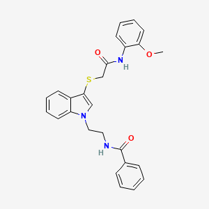 molecular formula C26H25N3O3S B2635037 N-(2-(3-((2-((2-methoxyphenyl)amino)-2-oxoethyl)thio)-1H-indol-1-yl)ethyl)benzamide CAS No. 862826-44-6