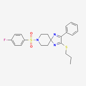 molecular formula C22H24FN3O2S2 B2635042 8-((4-Fluorophenyl)sulfonyl)-2-phenyl-3-(propylthio)-1,4,8-triazaspiro[4.5]deca-1,3-diene CAS No. 932496-97-4