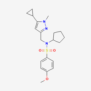 molecular formula C20H27N3O3S B2635051 N-cyclopentyl-N-((5-cyclopropyl-1-methyl-1H-pyrazol-3-yl)methyl)-4-methoxybenzenesulfonamide CAS No. 2034478-30-1