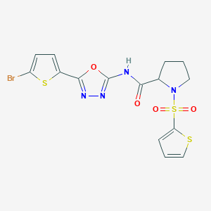 molecular formula C15H13BrN4O4S3 B2635095 N-(5-(5-bromothiophen-2-yl)-1,3,4-oxadiazol-2-yl)-1-(thiophen-2-ylsulfonyl)pyrrolidine-2-carboxamide CAS No. 1102854-27-2