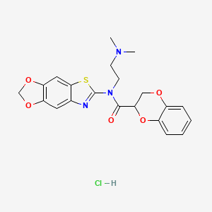 molecular formula C21H22ClN3O5S B2635179 N-([1,3]dioxolo[4',5':4,5]benzo[1,2-d]thiazol-6-yl)-N-(2-(dimethylamino)ethyl)-2,3-dihydrobenzo[b][1,4]dioxine-2-carboxamide hydrochloride CAS No. 1215364-85-4