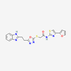 molecular formula C20H16N6O3S2 B2635208 2-((5-(2-(1H-苯并[d]咪唑-2-基)乙基)-1,3,4-恶二唑-2-基)硫代)-N-(4-(呋喃-2-基)噻唑-2-基)乙酰胺 CAS No. 1325695-55-3